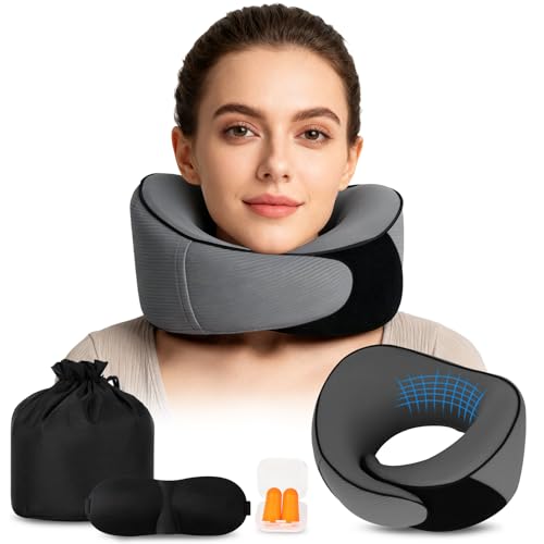 Lafisun Nackenkissen Memory Schaum 360 Ergonomisch Reise-Set für Flugzeug Zug & Auto mit Augenmaske Ohrstöpseln & Tragetasche Verstellbar gegen Nackenschmerzen Weich Aufrollbar & Waschbar