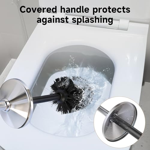 Image of Silver Toilet Brush and Holder,Extra Long Handled Toilet Brush for Bathroom,Stainless Steel Heavy Duty Toilet Bowl Brush,Deep Cleaning Modern Toilet Cleaner Brush -Space Saving, Covered Brush