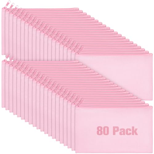 Image of Reginary 80 Pack Canvas Zipper Makeup Bags Bulk Pencil Pouches Blank DIY Craft Canvas Cosmetic Bag Pouch with Zipper for Makeup Cosmetic Toiletry Stationary Storage(All Pink)