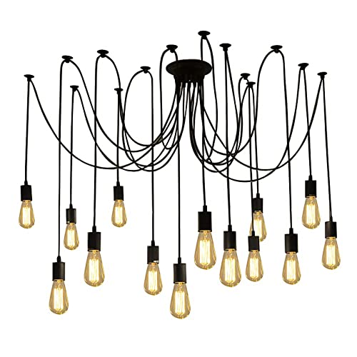 Fuloon Vintage Edison Multiple Ajustable DIY Ceiling Spider Lamp Light Pendant Lighting Chandelier Modern Chic Industrial Dining with Romote Control (14 Head Cable 200cm/78.7inch Each)