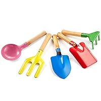 Kids Gardening Tools Set, 8\" Safe Beach Sandbox Toy Made of Metal with Sturdy Wooden Handle Gardening Equipment Fork, Trowel, Rake & Shovel for Children