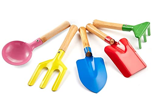 Aptoper Kids Gardening Tools Set, 8 Safe Beach Sandbox Toy Made of Metal with Sturdy Wooden Handle Gardening Equipment Fork, Trowel, Rake & Shovel for Children (5 Pcs)