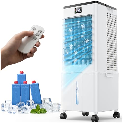 Aire Acondicionado Portátil 10L, Climatizador Evaporativo Ventilador 4 en 1, Enfriador de Aire 4 Modos 3 Velocidades, Temporizador de 1-12H con Rruedas y Mando, Enfriador Movil Aire para Hogar Oficina