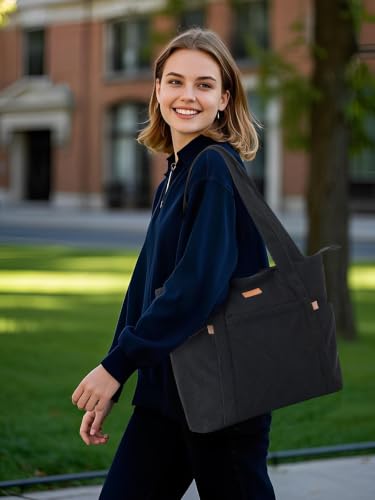 Lekesping Sac a Main Femme Grand Velours Cotelé, Sac de Plage avec Fermeture Éclair, Sacs de Courses Femme, Sacs Ordinateur 15,6 Pouces, Bandoulière Tote Bag Élégant pour Travail L'école Sport, Noir – vue 2