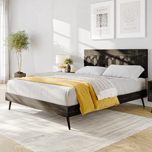 Image of Bme Georgina Signature Mocha Bed Frame, Queen Bed Frame and Headboard Handcrafted Geometric, Mid Century Modern, Solid Acacia Wood, No Box Spring Needed, 12 Strong Wood Slats Support, Easy Assembly