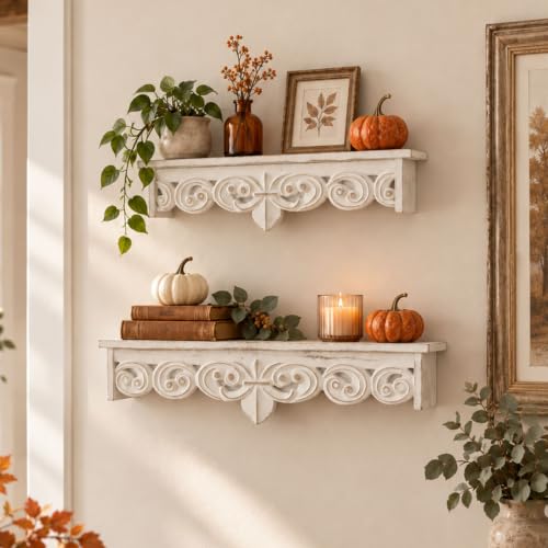 Walasis Whitewashed Floating Wall Shelves: Wood Carved Corbel Details
