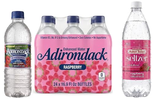 Adirondack Enhanced Water Raspberry Fruit Flavored Beverage 16.9 fl oz (Pack of 24) | Sugar Free Sparkling Water, Zero Calorie, Vitamin Enriched Drink & Raspberry Seltzer 33.8 fl oz