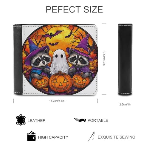 Stained Glass Halloween Raccoons Ghost Soft PU Leather Bifold Wallet, Coin Purse Credit Pass Case, Durable Card-Holder Slim Billfold for Men Woman Money Storage2