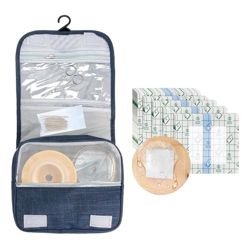 LKLKKC Bolsa de viaje para ostomía, colostomía, bolsas de suministros para ostomía, catéter foley + 25 fundas impermeables para ducha de ostomía de 8 x 8 pulgadas, Azul marino y transparente, talla