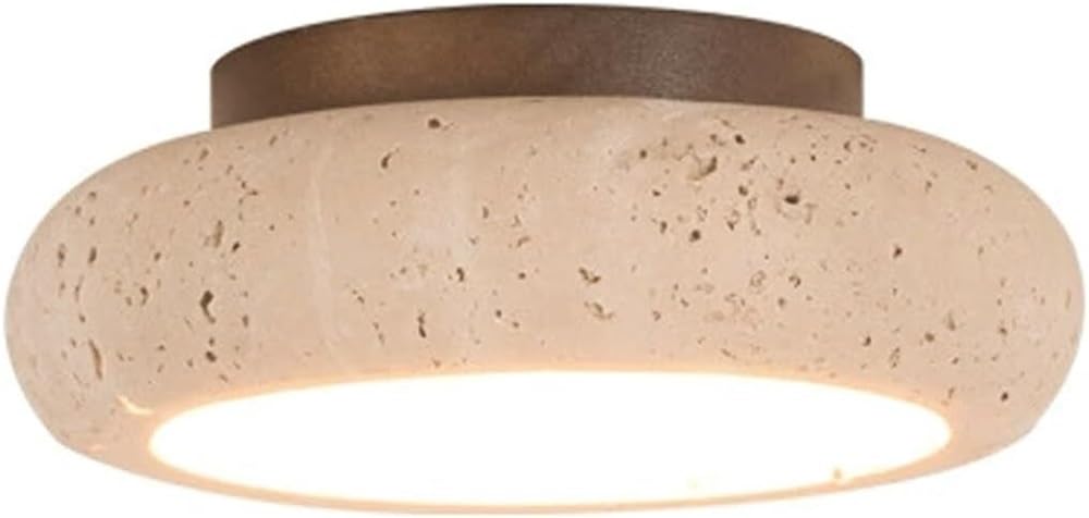 LYOUAE Mid Century Yellow Travertine Ceiling Light Round Natural Stone Ceiling Lamp