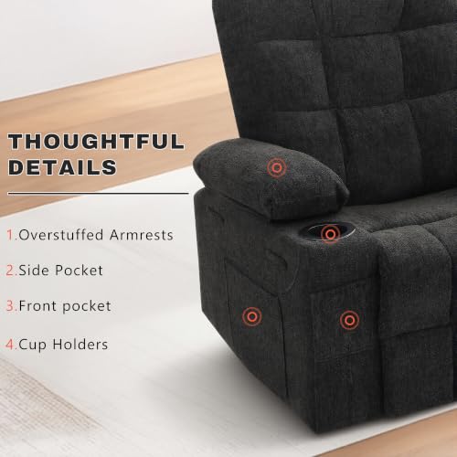 Image of Swivel Rocker Recliner Chair,Recliner Single Sofa with Cup Holders, Manual Nursery Rocking Chair with Side Pockets, Modern Upholstered Recliner for Living Room,Apartment,Home Theater(Black)