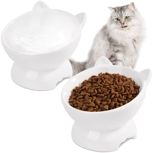 Vikcvcsc 2 Pièces Gamelle Chat Surélevée, Gamelle pour Chat Inclinable à 15°, Gamelle Haute Chat Ceramique, Bol Chat pour Nourriture et Eau - Blanc