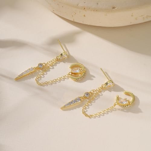 XENORI Gold Chain Earrings for Women, Trendy 14K Gold Plated Ear Cuff with Chain, Dangle Drop Stud Earrings, Stacked Huggie Hoop, Cubic Zirconia Dainty Tassel Hypoallergenic Jewelry Gifts by XENORI - Used condition - Image 3