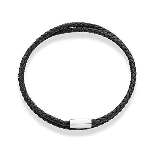 Miabella Genuine Italian Double Wrap Braided Leather Bracelet For Men Women, Stainless Steel Magnetic Closure, Made In Italy (Black, Small - 7" Length) #TOP2