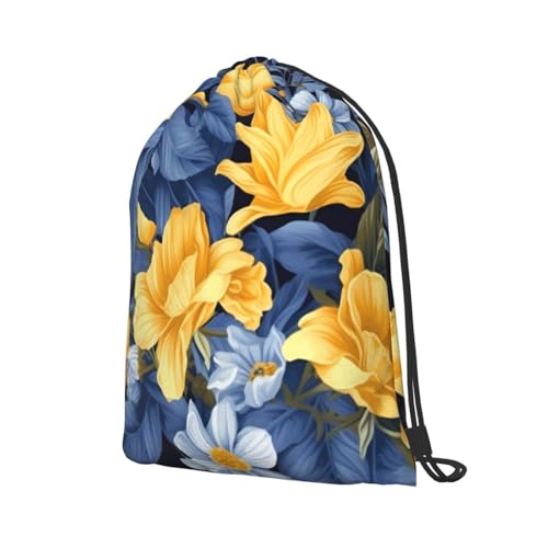 Drawstring Bag for Women Lightweight Sports Gym Bag Blue Base Yellow Floral Soccer Backpack for Travel2