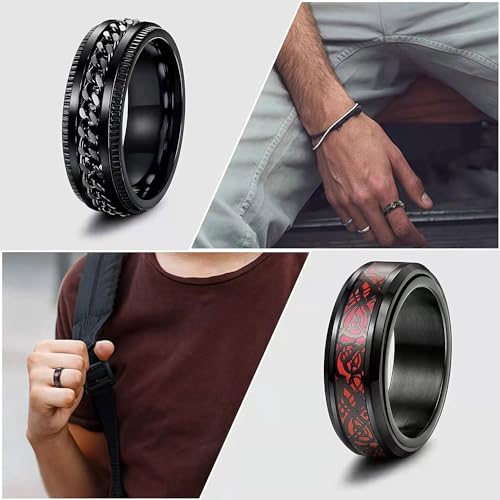 LOCCY 8 Stück Männer Edelstahl Spinner Ringe, Schwarze Spinner Kette Link geformt Band, Edelstahl Spinner Ring Set für Männer Frauen, 8mm breit (70(23.7))