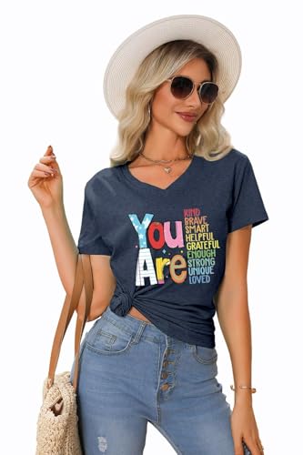 YTUGNE Teacher Shirts Women Be Kind V Neck T Shirt Back to School Tee Inspirational Teacher Tshirt Positive Short Sleeve Top Dark Blue — view 3