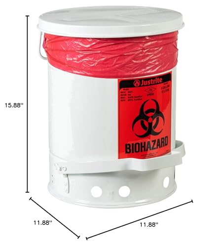 Justrite 05910 Galvanized Steel Biohazard Waste Container, 6 Gallon Capacity, 11-7/8" OD x 15-7/8" Height, White - Thumbnail 4