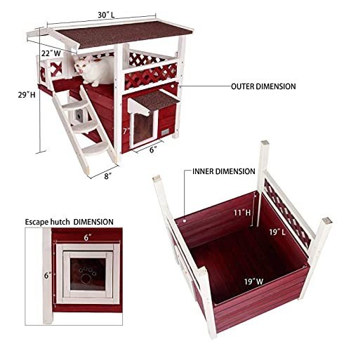 Petsfit Outdoor Cat House with Escape Door for Feral Cats Weatherproof, 2 Story Wooden Kitten Condo with Waterproof Roof & Stairs