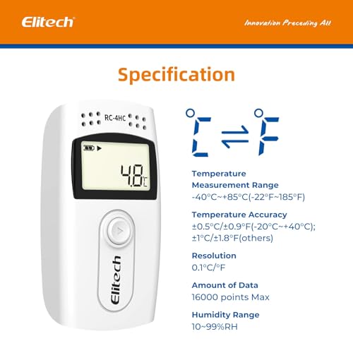 Elitech USB Temperature and Humidity Data Logger RC-4H Upgraded, Refrigerator Thermometer, Food Storage Monitor, Cold Chain Recorder with 64,000 Data Points, Auto PDF/CSV Export