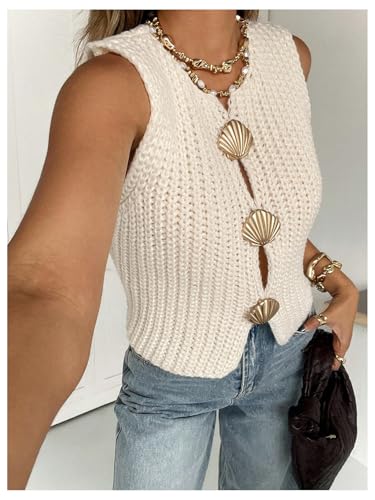 MakeMeChic Women's Boho Tops Lightweight Sweater Vest Seashell Metal Button Sleeveless Crochet Knitted Tank Tops3