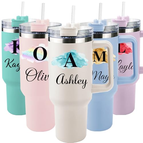 ThermoThrill Ships Next Day, Personalized 40 Oz Tumbler with Handle and Straw Custom Tumbler with Text Stainless Steel Mug Birthday Gifts for Women (8.Personalized with Birthstone color, 40OZ)