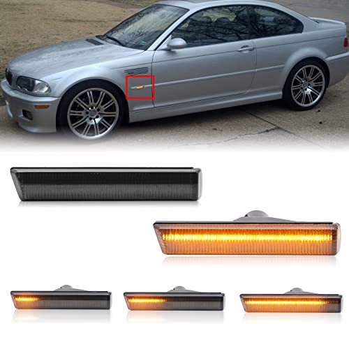 Mynoway Sequential LED Turn Signal Lights Replacement for 7 Series E38 1995-2001, 3 Series E46 M3 2001-2006, Smoked Lens Front Amber Dynamic Fender Indicator Side Marker Lamp, Replace OE 63137165845