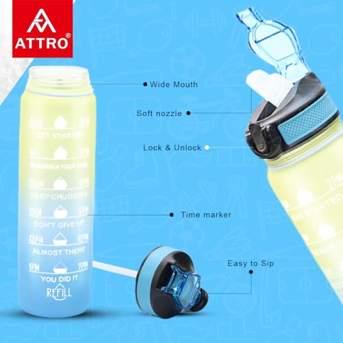Image of ATTRO Prime Motivational Water Bottle-Set of 2-Blue Yellow-1L