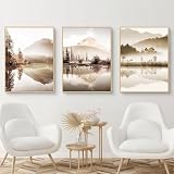 Ueiwffzo 3er Premium Poster Set, Beige Wald Landschaft 