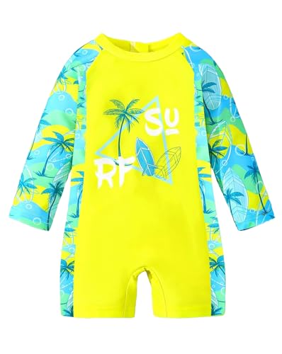 Image of Xumplo Baby Boys One Piece Swimsuit Toddlers Long Sleeve Swimming Costume Infants UV Protection Palm Tree Bathing Suit Swimwear 12-18 Months Yellow