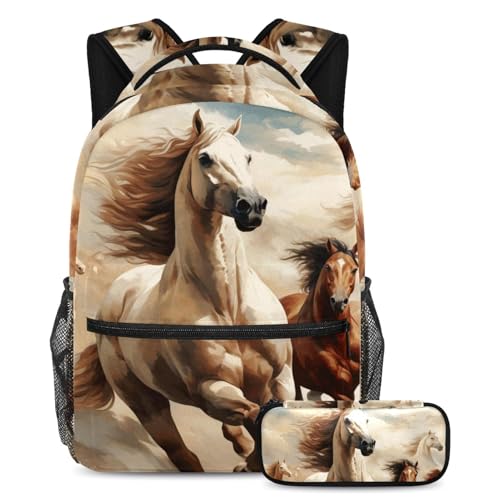 Sac à dos cheval 2 pièces avec trousse pour l'école et les voyages des élèves