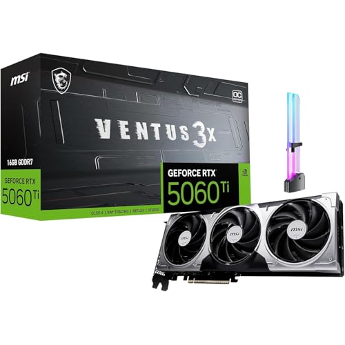 msi GeForce RTX 5060 Ti 16G Ventus 3X OC Graphics Card, 16GB GDDR7, PCIe Gen 5, 3X DP 2.1b, HDMI 2.1b, 1440p Gaming, AI Content Creation, 3D Rendering, Streaming, RGB GPU Holder