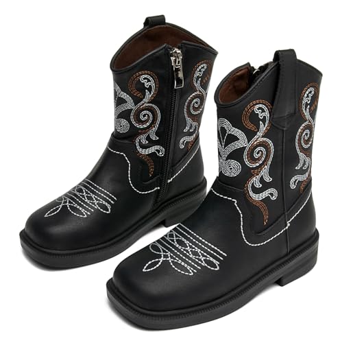 DADAWEN Toddler Little Boys Girls Cowboy Boots Kids Embroidered Western Cowgirl Boots Square Toe Mid Calf Riding Shoes