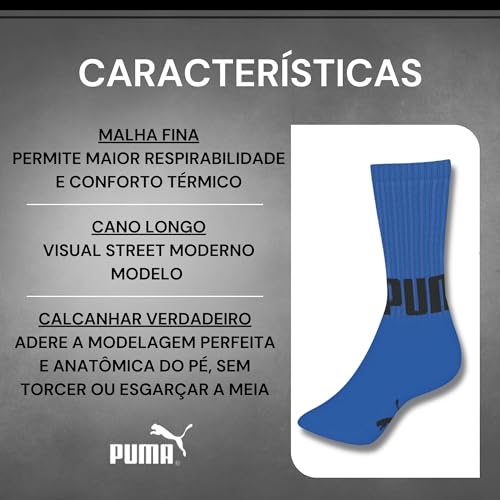 Kit 03 Pares MEIA ESPORTIVA CANO LONGO - PUMA |1 Preta - 1 Branca - 1 Azul Mar| 39-43