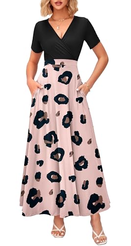 Image of WNEEDU Women's Summer Maxi Dress Short Sleeves Wrap V Neck Long Dresses with Pockets