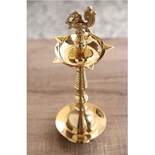 Image of Indian Art Villa Pure Brass Shine Finish Stand /Pillar Diya /Deepak /Lamp /Lantern with Peacock Design, Pooja, Home Decor & Diwali Gift Item, Height-16 Inches, Set of 2