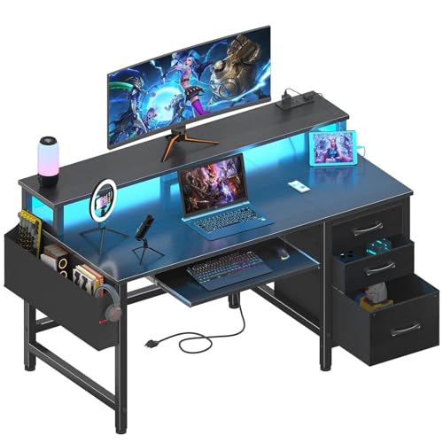 Image of DLisiting Black Gaming Desk with Fabric Drawers - 47 Inch Black Office Desk with File Cabinet Keyboard Tray Monitor Stand Power Outlets, Work PC Desks for Adult Boys Teen Home Office
