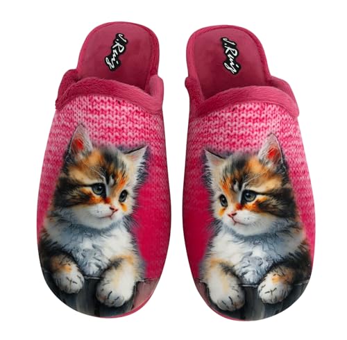 zapatillas de estar por casa mujer invierno gata (Fuxia, Sistema tallas calzado EU, Adulto, Mujer, Números, mediano, 38)