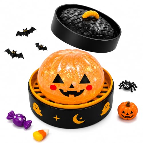 Glitter Bao Bun Squishy Toy with Steamer Basket, Halloween Squeeze Fidget Toy, Cute Pumpkin Collectible Gift for Desk Decor (Orange)