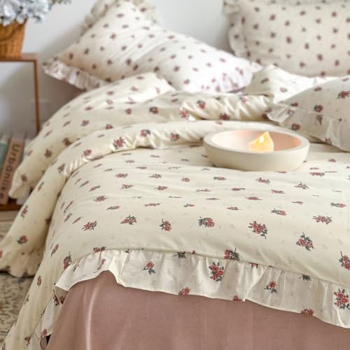 Image of MKXI Twin Size Floral Duvet Cover Set - 3 Piece White Ruffled Bedding with Red Botanical Blooms, 100% Cotton Soft Comforter Cover & Pillowcases, Romantic Shabby Chic Aesthetic, Zipper Closure