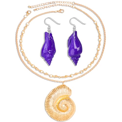 INLOLLY Gold Conch Shell Necklace Purple Shell Earrings Set, Ursula Jewelry Set for Women - Ursula Necklace Ursula Earrings, Ursula Accessories for Halloween Ursula Costume Women Cosplay Party