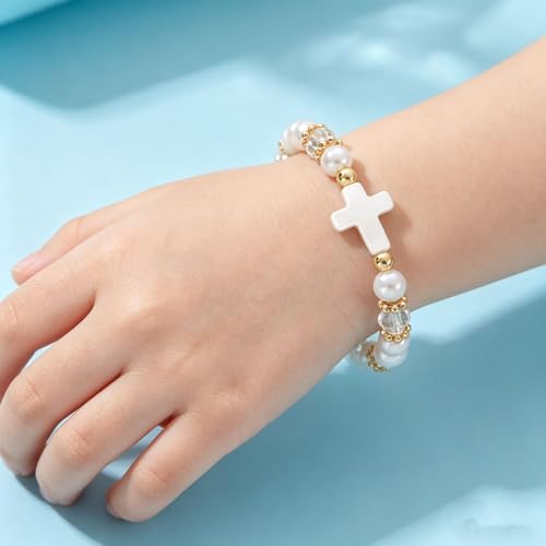 Image of Cross Pearl Bracelet, First Communion Gifts, Baptism, Easter Gifts for Teen Girls, Faith Christian Religious Bracelet for Girls