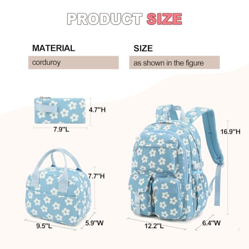 Liumaverse Corduroy Backpack Set for Teen Girls, 3PCS Kids Backpack with Lunch Box Pencil Pouch, Lightweight Bookbag Travel Daypack for Elementary Middle High School Bag (Floral Blue) by Liumaverse - Used condition - Image 2