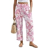 Yorontervo Tropical Plants Lightweight Linen Wide Leg Pants Elastic Drawstring Waist Pockets Breathable for Art Gallery Visits Museum Tours and Creative Workshop Sessions in The City