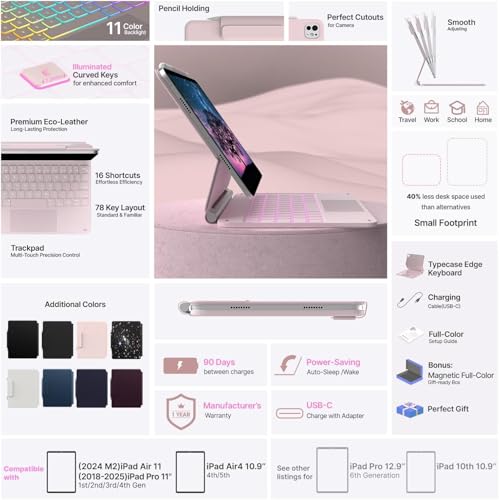 Image of typecase Edge for iPad Air 11 (M4 2026 / M3 2025 / M2 2024), Air 5th /4th & Pro 11 (4th /3rd /2nd /1st) with 11-Color Backlit & Touchpad, Magic Floating Keyboard (NOT for 10th /A16 /Pro 11 (M5 /M4) -Pink'26