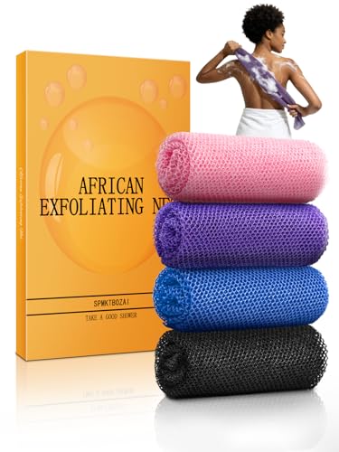SPMKTBOZAI African Exfoliating Net 4 Pieces African Net Sponge Nylon African Bath Sponge Net African Net Long Net Bath Sponge Shower Body Scrubber