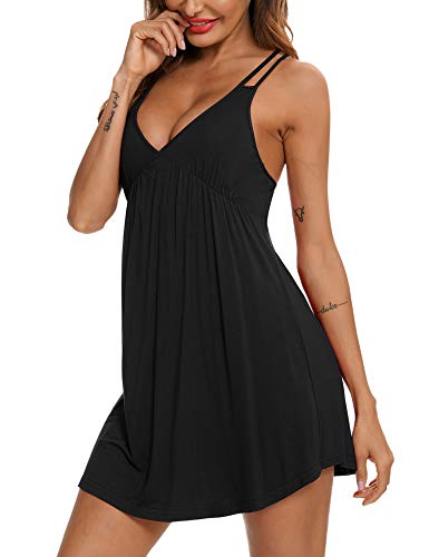 Anjue Nightgown Sexy Sleeveless Nighty For Women Sleepwear Comfy Slip Chemise Babydoll Lingerie Lace Lounge Dress(Black，M) #TOP2
