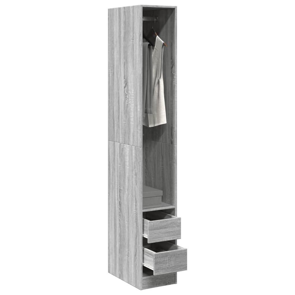 Kleiderschrank Grau Sonoma Holzwerkstoff 30x50x200 cm mit Fach und 2 Schubladen, kompakter Flurschrank für Schlafzimmer und Ankleidezimmer, Stauraum für Kleidung und Ordnung
