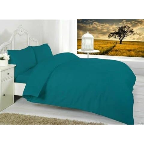 R&Z Plain Dyed Percale Polycotton Duvet Cover & 2 Pillow Cases Bed Set (Teal, Double) Cover