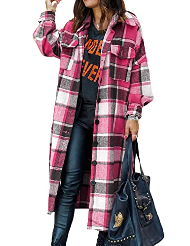 Jenkoon Women's Casual Fall Winter Flannel Shackets Woolen Long Collared Button Down Plaid Shirt(Rose,Xs) #TOP14
